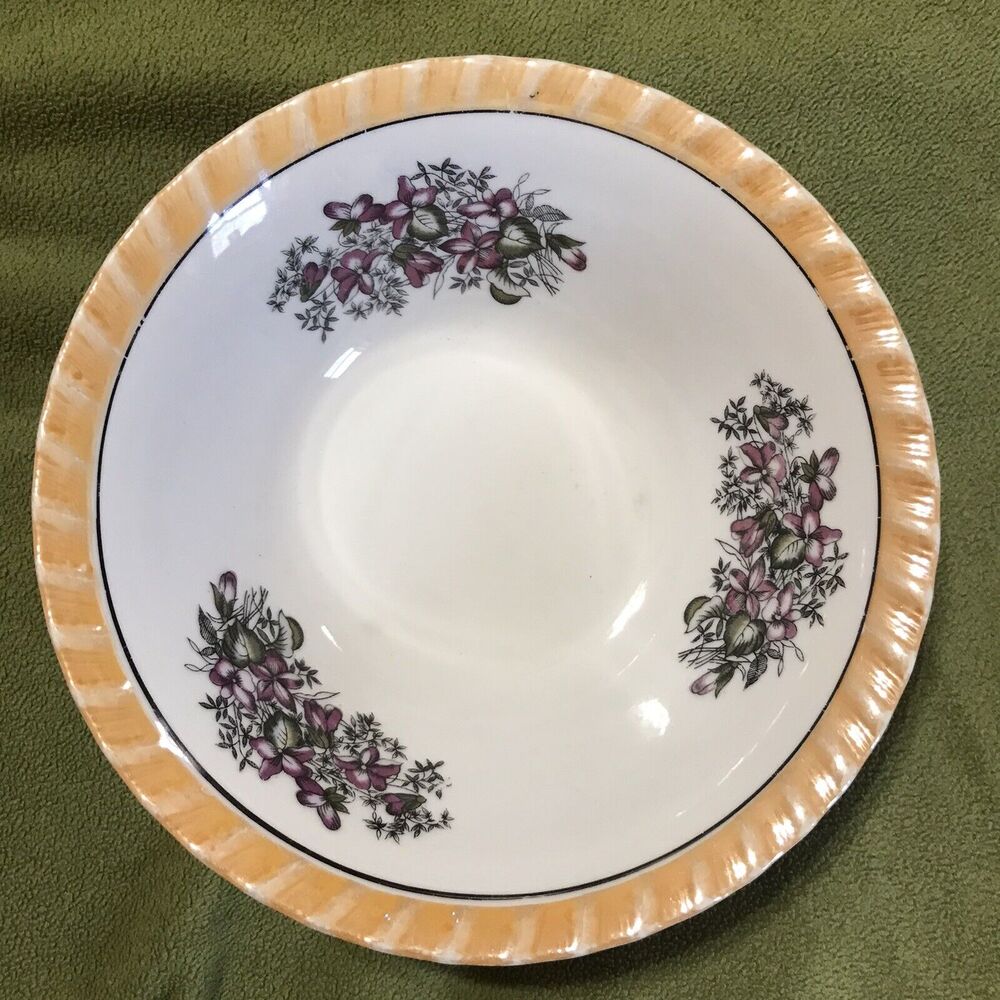 YAMATSU JAPAN LUSTERWARE Purple Flowers BOWL - 7" DIAMETER SCALLOPED EDGE‎ “.85”